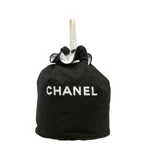 Chanel Novelty Logo Print Pool Bag Shoulder Drawstring Black White Canvas Wom...